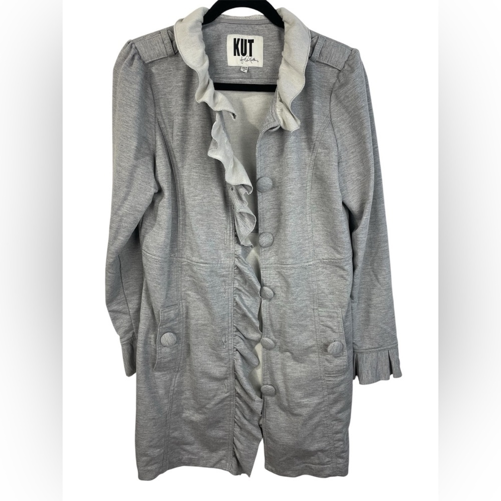 Kut from the Kloth Button Front Ruffle Gray Long Casual Jacket M GUC - Picture 2 of 16